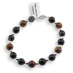 Bratara Ochi de tigru, Obsidian si Obsidian fulg de nea sfere 8mm si bumbi argintii