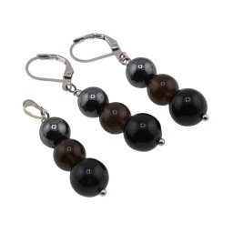 Set cercei cu agatatoare si pandantiv Turmalina neagra, Cuart fumuriu si Hematit sfere, 8-10mm