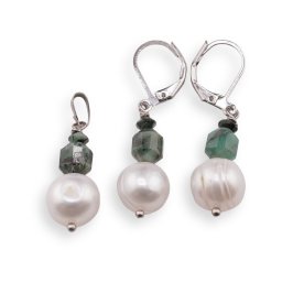 Set cercei cu agatatoare si pandantiv Perle de cultura sfere 10mm si Smarald 4-6mm