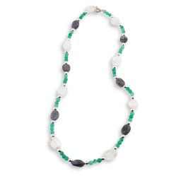 Colier Onix verde sfere 4mm, Iolith si Cristal de stanca neregulat 10-12mm, Hematit argintiu