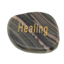 Piatra cu mesaj gravat Healing din Jasp zebra verde, 30-40 mm