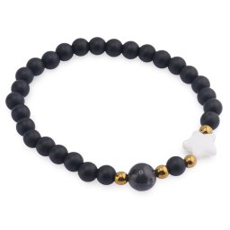 Bratara Onix negru mat sfere 6mm, Larvikit 8mm si steluta din Sidef 10mm cu bumbi aurii