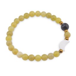 Bratara Jad olive sfere 6mm, Larvikit 8mm si luna din Sidef 12mm cu bumbi aurii