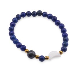 Bratara Lapis lazuli sfere 6mm, Larvikit 8mm si luna din Sidef 12mm cu bumbi aurii