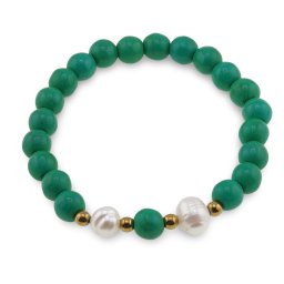Bratara pe elastic Perle de cultura, bumbi aurii si Turcoaz verde sfere 8mm
