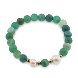 Bratara pe elastic Perle de cultura, bumbi aurii si Agat verde sfere mate 8mm