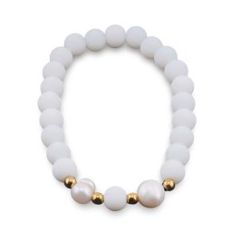 Bratara pe elastic Perle de cultura, bumbi aurii si Onix alb sfere mate 8mm