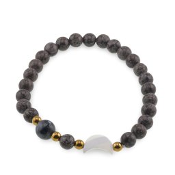 Bratara Obsidian fulg de nea maro sfere 6mm, Larvikit 8mm si luna din Sidef 12mm cu bumbi aurii