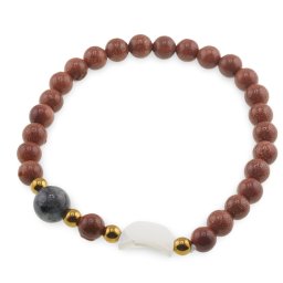 Bratara Goldstone maro sfere 6mm, Larvikit 8mm si luna din Sidef 12mm cu bumbi aurii