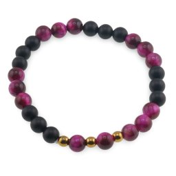 Bratara Onix negru mat si Ochi de tigru roz cu bumbi aurii, 6mm