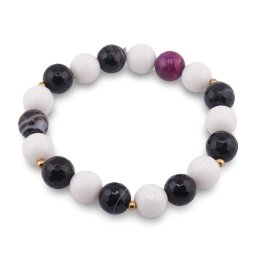 Bratara pe elastic cu Onix alb si Agat negru sfere fatetate 10mm, Ochi de tigru roz sfera 10mm