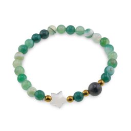 Bratara Agat verde sfere 6mm, Larvikit 8mm si steluta din Sidef 10mm cu bumbi aurii