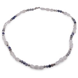 Colier Sodalit sfere 4mm si Piatra Lunii neuniforma fatetata 6-10mm cu bumbi argintii