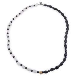 Colier Turmalina neagra sfere si neuniforma 3-7mm si Piatra Lunii neuniforma 5-7mm cu steluta din Hematit auriu 6mm
