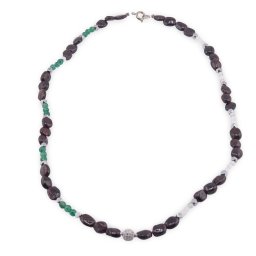 Colier Granat neuniform 6-8mm, Piatra Lunii si Aventurin dark sfere 3-4mm, Hematit fatetat si sfera cu zirconii 6mm