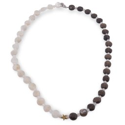 Colier Piatra Lunii sfere 3mm si banuti 8mm si Cuart fumuriu banuti 7-8mm cu steluta din Hematit auriu 6mm