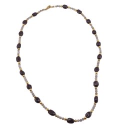 Colier Labradorit sfere 3mm, Granat neuniform 5-8mm si Hematit auriu cuburi 3mm cu bumbi aurii