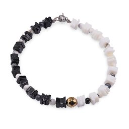 Bratara Turmalina neagra si Opal alb patratele 4-5mm cu sfere de Opal dendritic 4mm si Hematit auriu 6mm