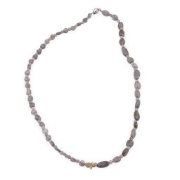 Colier Labradorit banuti 5mm, neuniform 8-12mm si sfere 3mm cu steluta din Hematit auriu 6mm