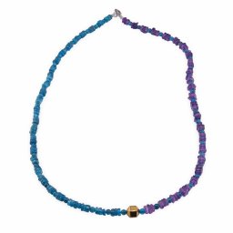 Colier Apatit rondele si sfere 3-4mm si Ametist patratele 4-5mm cu element din Hematit auriu 7mm