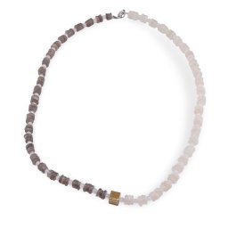 Colier Piatra Lunii alba sfere si rondele 3-6mm, Piatra Lunii gri rondele 5-6mm si cub din Hematit auriu 6mm