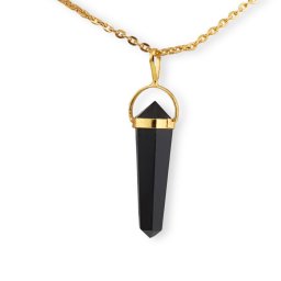Pandantiv dublu varf cu montura si lant auriu, Obsidian 40mm, pentru protectie si curatare energetica