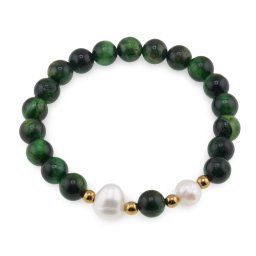 Bratara pe elastic Perle de cultura, bumbi aurii si Ochi de tigru verde sfere 8mm
