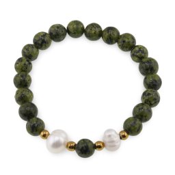 Bratara pe elastic Perle de cultura, bumbi aurii si Jasp sesame verde sfere 8mm