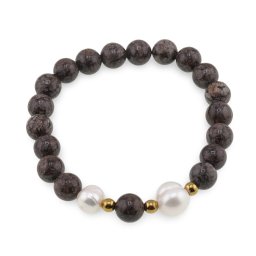 Bratara pe elastic Perle de cultura, bumbi aurii si Obsidian fulg de nea maro sfere 8mm