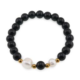 Bratara pe elastic Perle de cultura, bumbi aurii si Onix sfere 8mm