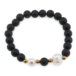 Bratara pe elastic Perle de cultura, bumbi aurii si Onix sfere mate 8mm