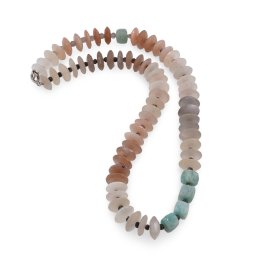 Colier Mix Piatra Lunii discuri fatetate 12mm, Amazonit cuburi fatetate 8mm, Rodonit si Labradorit discuri fatetate 3-4mm