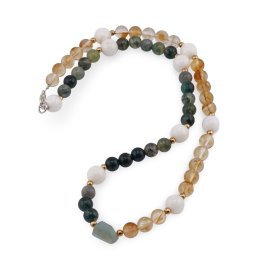Colier Mossagat sfere 6mm, Citrin sfere 6mm, Coral 8mm si elemente aurii
