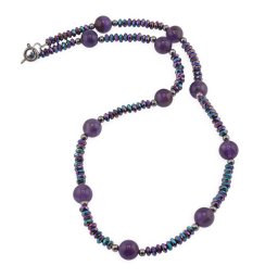 Colier Ametist 8mm, Hematit electroplacat discuri fatetate 4mm si elemente argintii