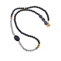 Colier Turmalina si Labradorit sfere 4mm, Hematit auriu cuburi 4mm, Iolith neuniform 10mm, Onix neuniform 14mm