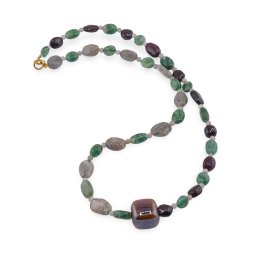 Colier Aventurin, Granat si Labradorit neuniform 8-12mm si Labradorit sfere 3mm cu element cub 12mm