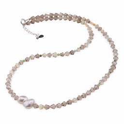 Colier Cuart Fumuriu romburi fatetate 4mm, mix cristale sfere 2mm, Perla 14mm si argint 925