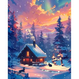 Set goblen cu diamante, cu sasiu, Cabana iarna, 40x50 cm