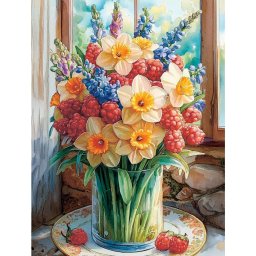 Set goblen cu diamante, cu sasiu, Vara intr-o vaza, 40x50 cm