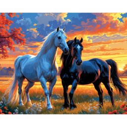 Set goblen cu diamante, cu sasiu, Armasari la apus, 40x50 cm