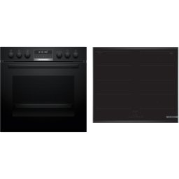 Setul Bosch HND677LS62 cuprinde aragazul incorporabil HEG578BB4, 71 L, 30 programe gatit si plita electrica NVQ645CB6E, 4 zone de gatit cu inductie, 17 niveluri de putere, Touch control pe plita, Negru
