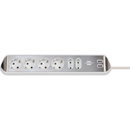 Prelungitor pentru perete colt Brennenstuhl Estilo, 6 prize, 2 USB, 3.1 A, cablu 2 m, Inox, Adeziv inclus, Argintiu-Alb