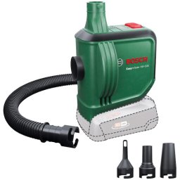 Mini compresor pe acumulator Bosch EasyInflate 0603947200, 18 V, 0.03 bari presiune maxima, 1 psi, 3 kPa, 530 l/min volum, 3 duze aer, furtun 50 cm, geanta textil, fara acumulator/incarcator