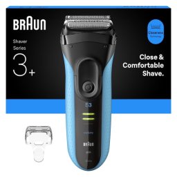 Aparat electric de ras Braun Seria 3+ 3040S, 3 Lame Flexibile, Microcomb pentru eficienta, Accesoriu pentru tuns eficient, Utilizare umeda/uscata, Fabricat in Germania, Albastru