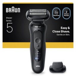 Aparat electric de ras Braun Seria 5 52-N1200S, Autonomie pana la 50 de minute, Accesoriu pentru tuns eficient, Fara fir, Utilizare umeda/uscata, 100% Rezistent la apa, Negru