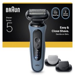 Aparat electric de ras Braun Seria 5 52-A1650S, Autonomie pana la 50 min, 1x Accesoriu de ingrijire corporala, 1x Accesoriu de tuns barba, Fara fir, Utilizare umeda/uscata, 100% Rezistent la apa, Azur