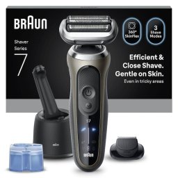 Aparat electric de ras Braun Seria 7 72-C7200CC, Autonomie pana la 60 de minute, Statie SmartCare 4-in-1, 1x Accesoriu pentru tuns eficient, Fara fir, Utilizare umeda/uscata, 100% Rezistent la apa, Auriu