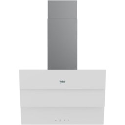Hota incorporabila decorativa Beko BHCA69642WH, Design inclinat, Afisaj electronic, Iluminare LED , Auto Shut Down, Touch Control, Filtru metalic anti-grasime lavabil, PA 600 mc/h, 1 motor, 59.6 cm, Alb Sticla