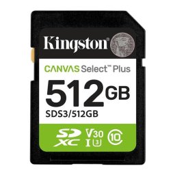 Card de memorie Kingston Canvas Select Plus Gen3, 512 GB, SDXC, Clasa 10, UHS-I, U3, V30