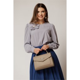 Bluza DY Fashion gri cu maneci bufante si floare cu perla la bust